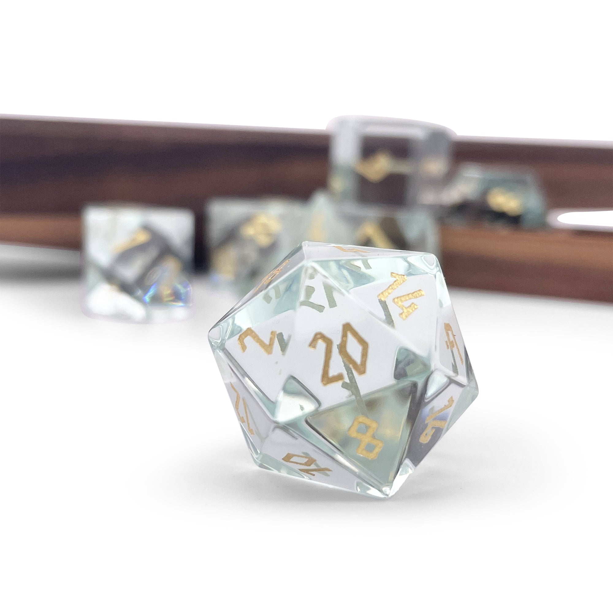 K9 Rainbow Glass - Gold Font - 7 Piece RPG Set Glass Dice