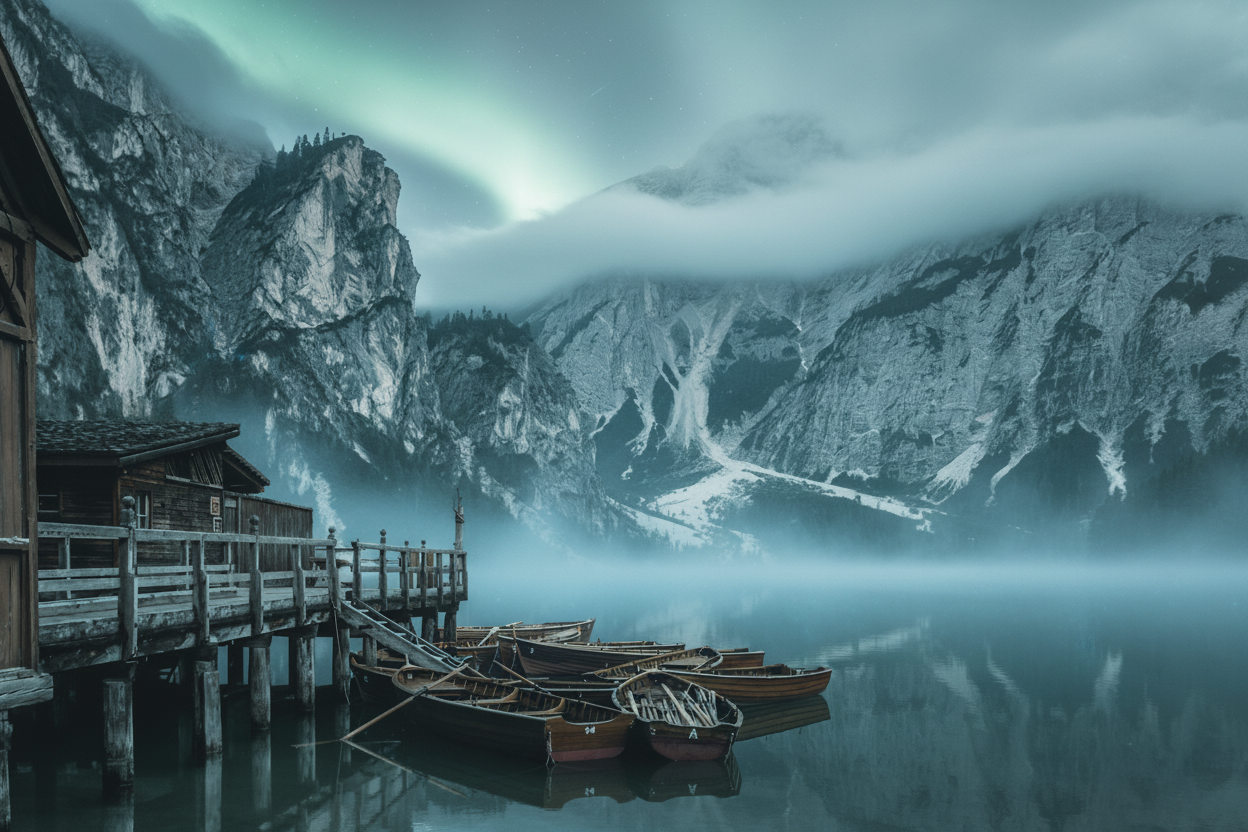 Mountainous landscape with a dock and boats on a lake under a cloudy sky.